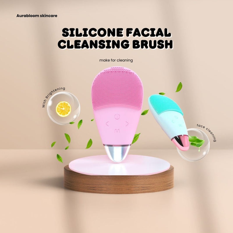 Silicone Facial Cleansing Brush displayed on a round base with bright colors, designed for deep cleaning and skin radiance.