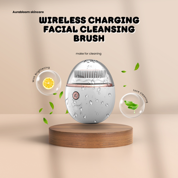 Wireless charging facial cleansing brush showcased on a wooden surface, designed for effective skin cleansing.